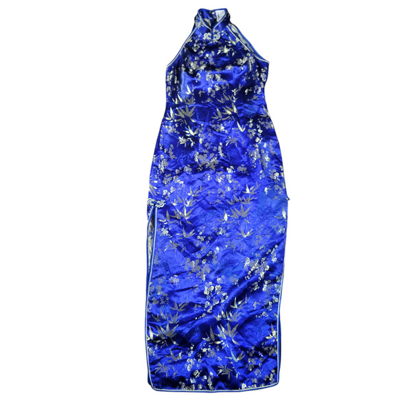 Kim Fashion Dresses & Skirts - Kim Fashion Halter Dress Blue Gold Asian Floral Fitted Formal Long Gown Medium